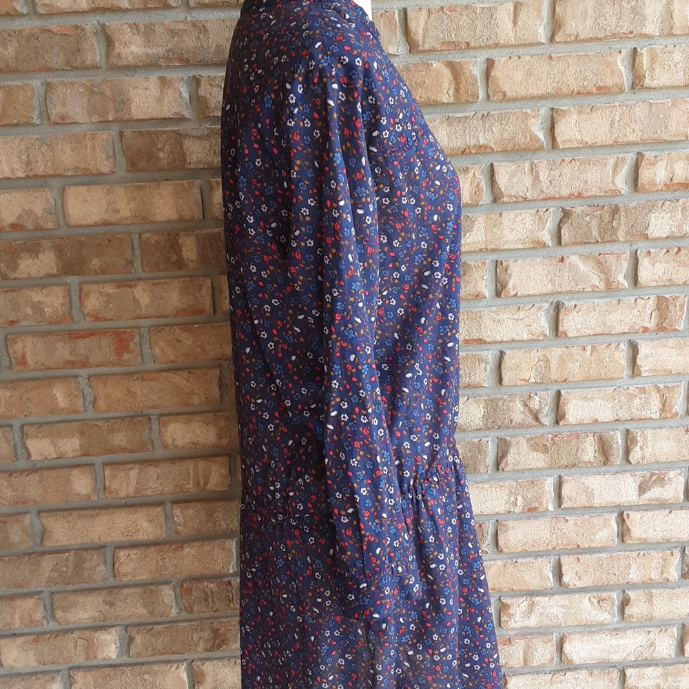 Xirena Navy Floral Print Ditsy Half Button Long Sleeve Shirt Dress. - Picture 7 of 11